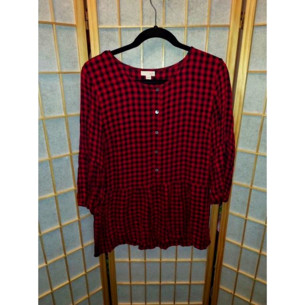 J. Jill Red and Black Mini Buffalo Plaid Peplum Button front (Size Small)